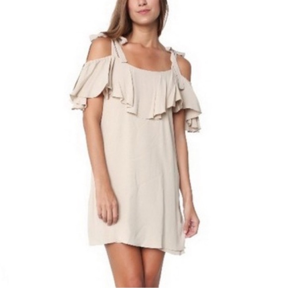 Misa Los Angeles Emil Dress in Stone Tan Taupe Ruffle Off Shoulder Size Small - Picture 1 of 10